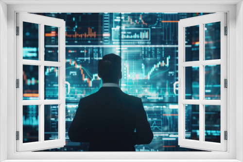 Business man investor thinking on financial exchange business investment management strategy looking at global market data world trade charts technology background concept. Rear back view.