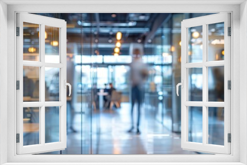 Blurred office with people working behind glass wall