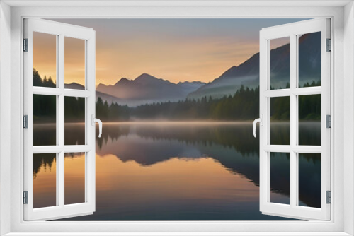 Fototapeta Naklejka Na Ścianę Okno 3D - A serene mountain lake at sunrise, with mist rising from the water and the first rays of sun illuminating the surrounding peaks.