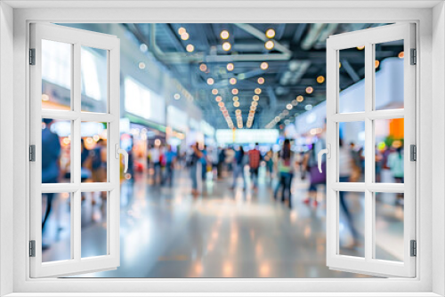 A busy expo hall with people walking around, defocused, blurred background