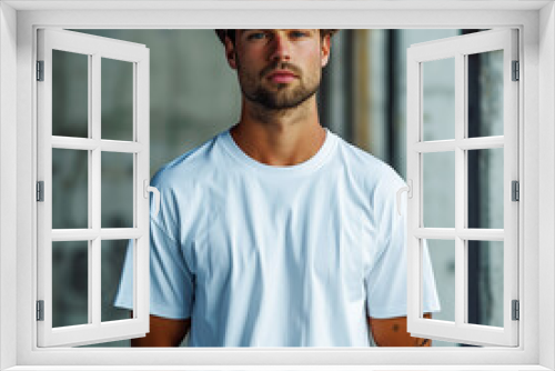 Handsome man model plain flat smooth white, strong man in a blank white shirt for a  mockup