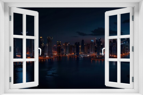 realistic cityscape at night in a sunset scenery with beautiful reflections in orange, dark blue and black colors