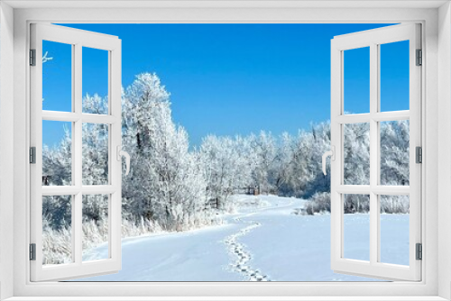 Fototapeta Naklejka Na Ścianę Okno 3D - a snow covered field with some trees and a trail going down it