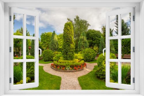 Fototapeta Naklejka Na Ścianę Okno 3D - Summer garden courtyard. Bush lined path in park.
