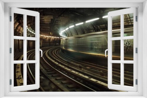 A train speeds through a graffiti-covered tunnel, showcasing urban art in motion