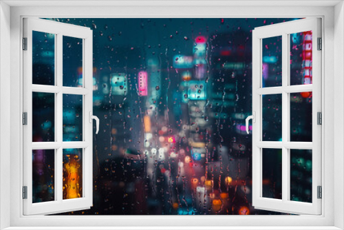 Neon cityscape seen through a rain-splattered window at night.