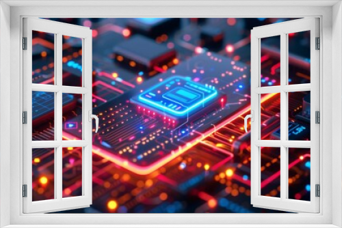 A computer chip is lit up in a colorful display. The chip is surrounded by a network of wires and circuits. Concept of technology and innovation, as well as the complexity of modern computing