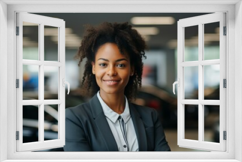 Confident young African-American businesswoman standing in a car dealership showroom