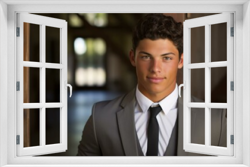 A young man in a suit standing in a doorway