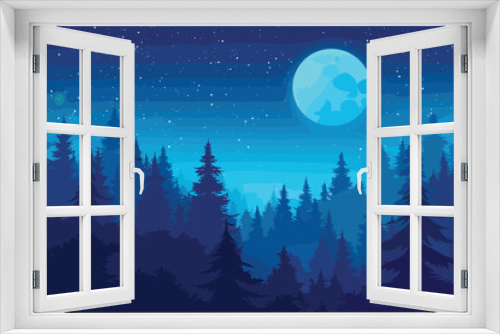 Night landscape with moon, Forest scene at night blue background, Vector illustration