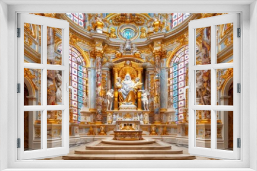 The interior of a ornate church with marble columns, stained glass windows, and a golden altar.