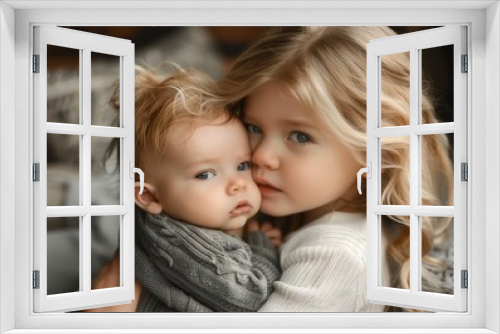 blonde girl kissing baby, cuddling with him on grey blanket