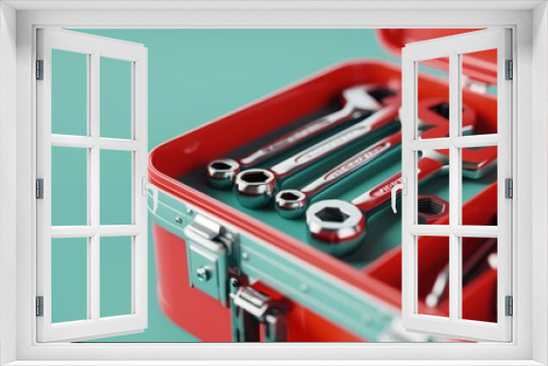 Close-up of an open red toolbox against a cool mint background, displaying an assortment of hand tools in a realistic setting, perfect for DIY tutorials
