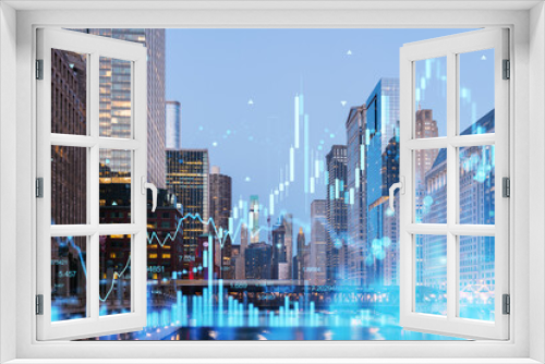 Fototapeta Naklejka Na Ścianę Okno 3D - Chicago skyline with holographic financial data overlay, cityscape photo and technology concept on dusk background. Double exposure