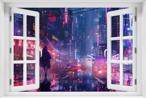 Digital artwork featuring a futuristic cyberpunk cityscape at night. The city is alive with neon lights and holographic projections, reflecting off the rain-soaked streets below