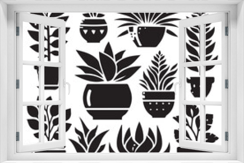 Fototapeta Naklejka Na Ścianę Okno 3D - Different houseplants are in flower pots on white background. PLANT ICON: Solid Style. Vector Icon Design Element for Web Page, Mobile App, UI, and UX Design.