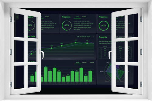 Fototapeta Naklejka Na Ścianę Okno 3D - A set of high-tech interface components. Electronic panel display displays abstract graphics and information from vector graphics, infographics and other elements.