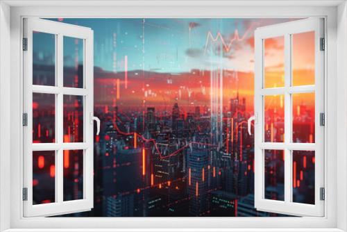 A blend of cityscape and corporate growth charts in a double exposure image, symbolizing the connection between urban life and economic development.