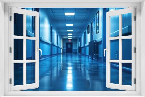 Hospital corridor, dimly lit, perspective view leading to operating room, close up, eerie silence 