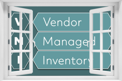 VMI Vendor Managed Inventory. An Acronym Abbreviation of a financial term. Illustration isolated on cyan blue green background