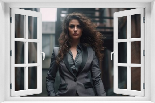 confident woman in stylish gray suit