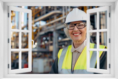 Smiling senior female engineer with hard hat at chemical plant