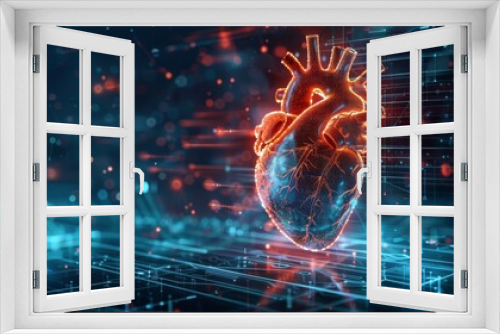 3D rendering image depicting advanced monitoring technologies for continuous assessment of heart function and cardiovascular parameters, including implantable devices and mobile health applications