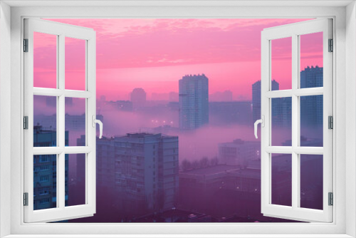 modern buildings,outdoors,scenery,the pink of the settlement,misty, a hazy glow