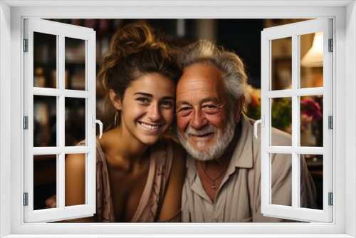 grandfather and daughter smiled happily, grandfather and daughter embraced warmly full of love and affection