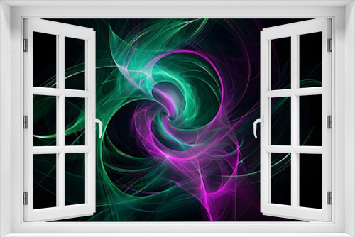 Dynamic neon swirls glowing in shades of green and purple, swirling in an abstract dance. A dynamic display on black background.