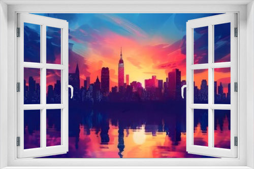 A painting of a city skyline at sunset 