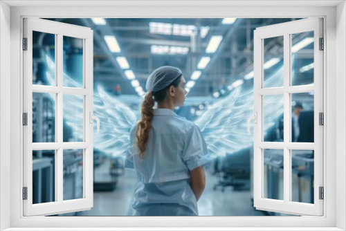 A woman wearing scrubs standing in a factory, suitable for medical or industrial concepts