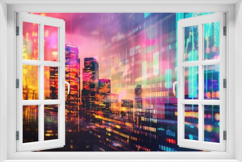 Vibrant double exposure cityscape merging with a dynamic stock market graph business theme