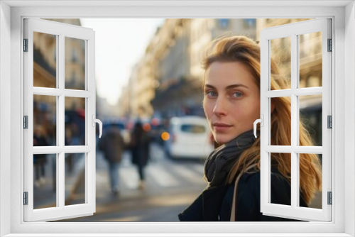 Portrait of beautiful french woman in front of Paris city street on the background