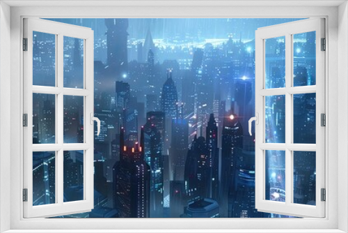 Spectral cityscape with phantom lights and digital enhancements, showcasing futuristic architecture devoid of people