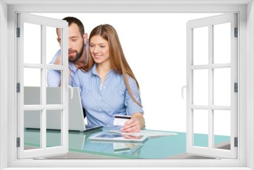 Buy. Portrait Of Happy Couple Shopping Online Using Laptop And