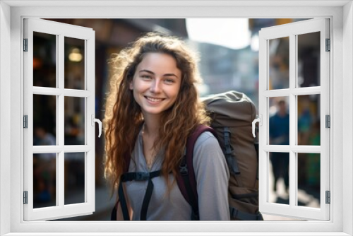 A Smiling Traveler with a Backpack Pauses to Pose for a Memorable Portrait in Front of the Bustling Tourist Information Center on a Sunny Afternoon