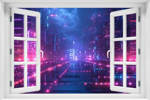 Sci-fi Cityscape with Purple and Cyan Neon lights. Night scene with Visionary Architecture.