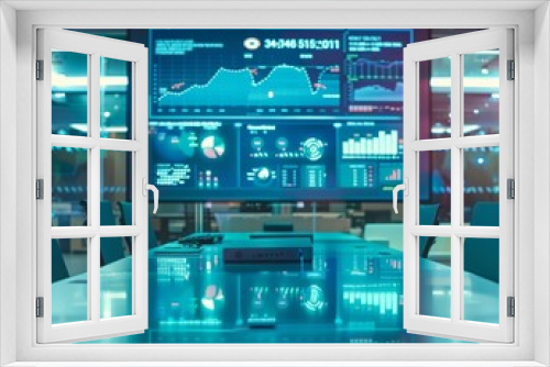 A boardroom meeting with a projector displaying analytics dashboards. Executives discuss strategies