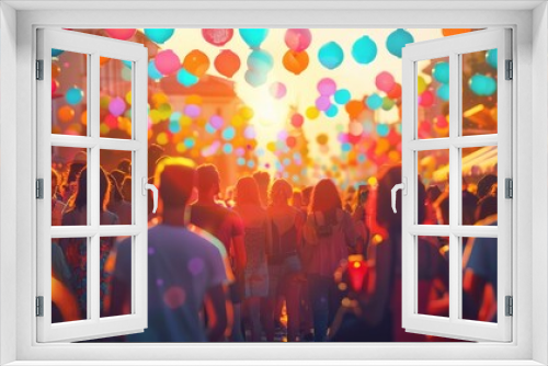 A crowd of people are walking down a street that is decorated with colorful balloons.