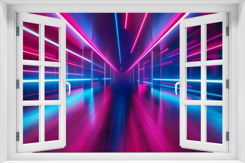 Create a realistic image of a dark futuristic tunnel with blue and pink neon lights on the walls and floor