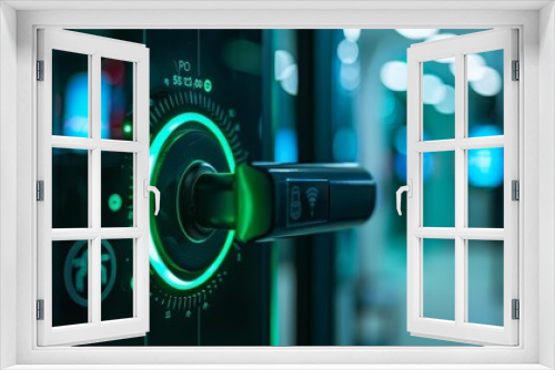 A closeup of a futuristic door with a glowing green handle. The door is made of metal and has a keypad for access.