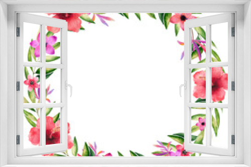 Fototapeta Naklejka Na Ścianę Okno 3D - Bright Tropical Flowers, Leaves, Wreath, orchid, hibiscus, Round Frame, watercolor Illustration, Decoration, Mothers day, summer vibes, vibrant