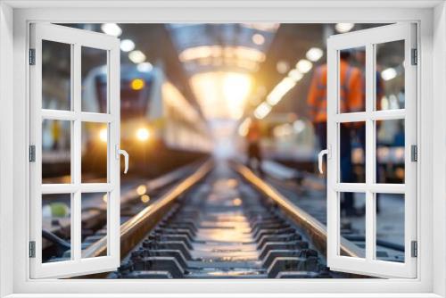 Railway tracks with blurred train and workers in the background