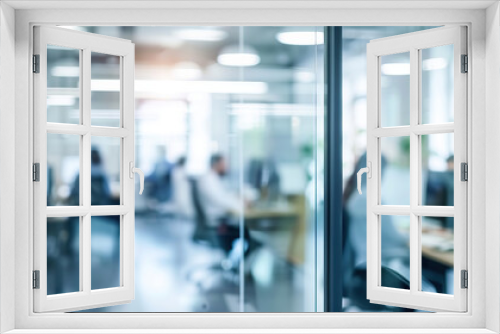 Bright business workplace with people in walking in blurred motion in modern office space