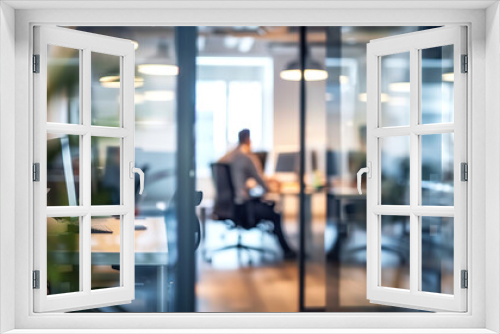 Bright business workplace with people in walking in blurred motion in modern office space