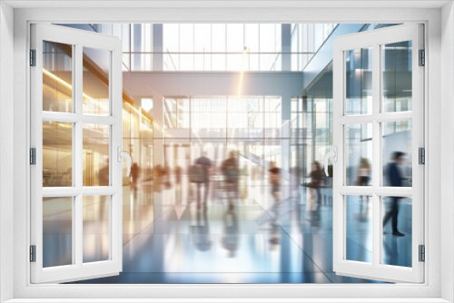 long exposure shot of a crowd of business people walking in a bright office lobby, fast-moving with blurriness. 