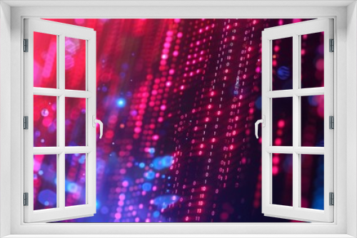 Digital background featuring glowing binary code with bokeh effect. The vibrant red and blue colors create an atmosphere of digital innovation, perfect for tech themed projects.