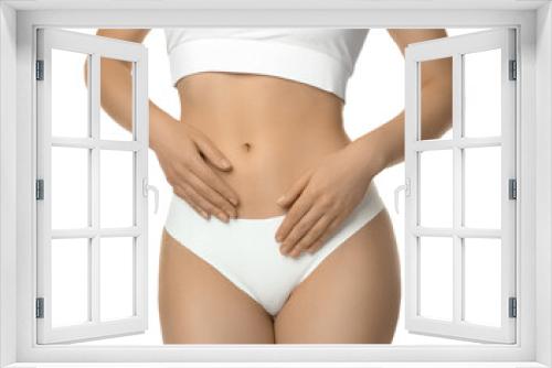 Gynecology. Woman in underwear on white background, closeup