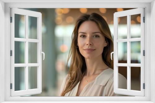 an elegant business woman with a slight smile standing at the office in a modern building. generative AI